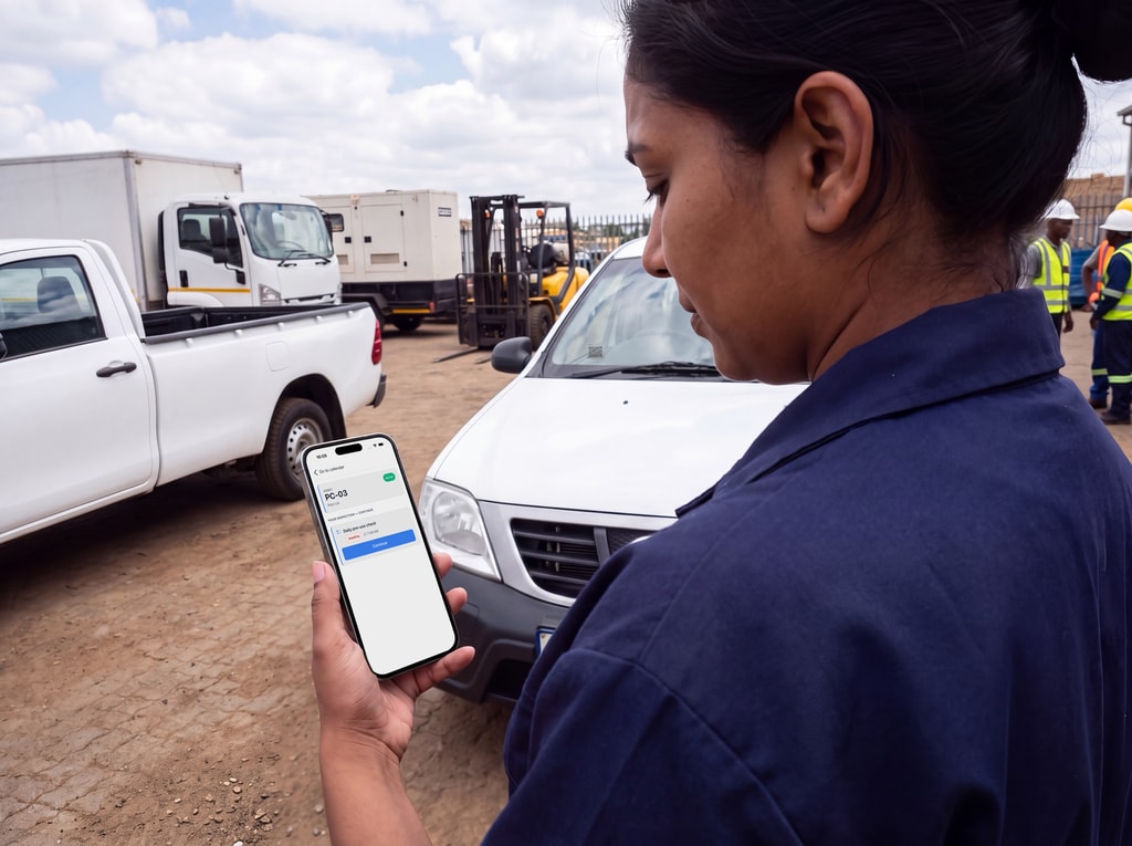 A team member scans the QR sticker on a pool car and the app opens its daily pre-use check, with the yard's bakkie, truck, generator and forklift behind her.