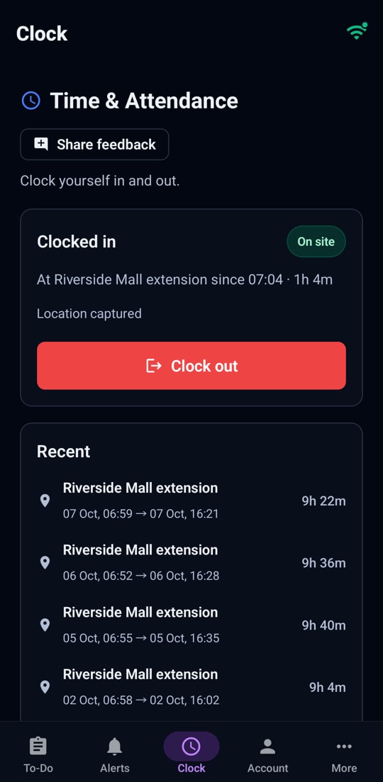 The clock-in screen on a worker’s phone.