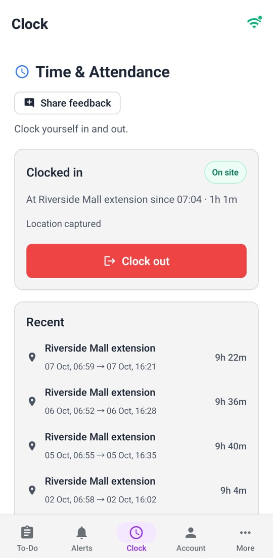 The clock-in screen on a worker’s phone.