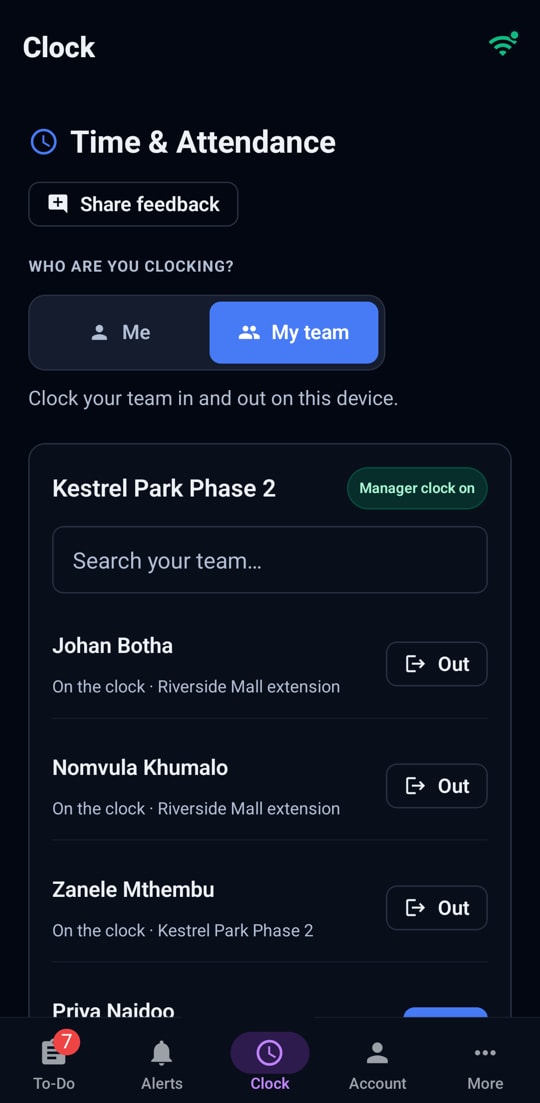 A manager’s crew list on the phone, ready to clock people in.