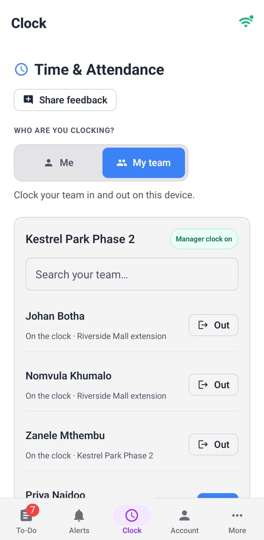 A manager’s crew list on the phone, ready to clock people in.