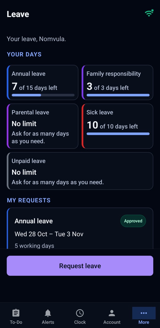 A person’s leave balances on the phone.