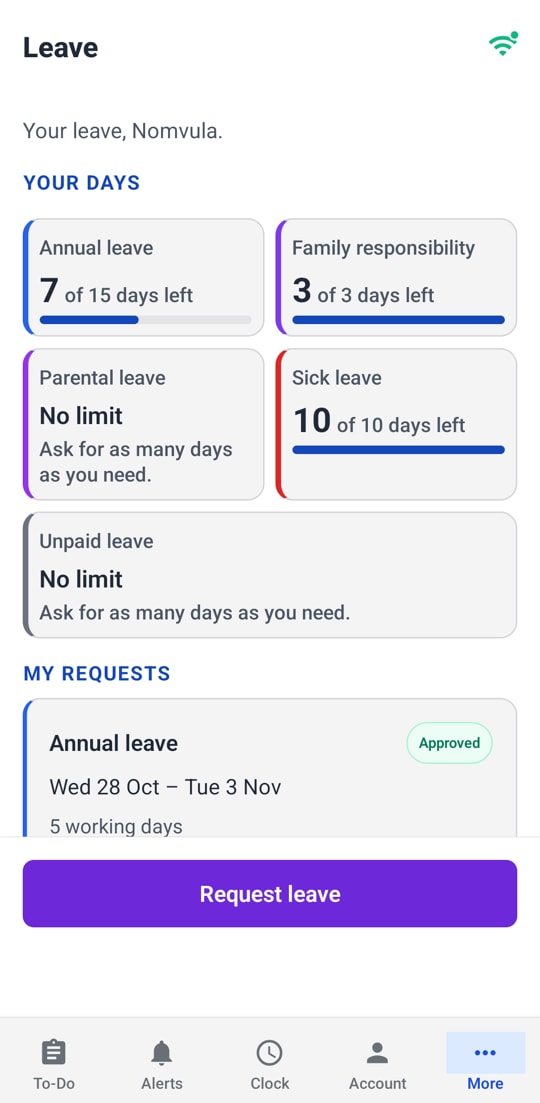 A person’s leave balances on the phone.