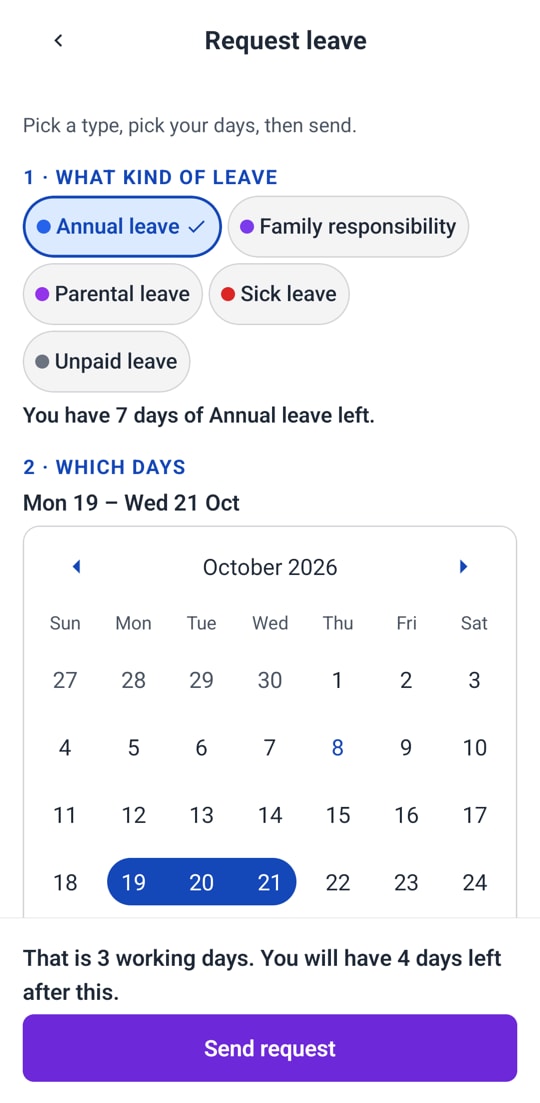 People ask on their phone, and see the days it uses and the balance left before they send.
