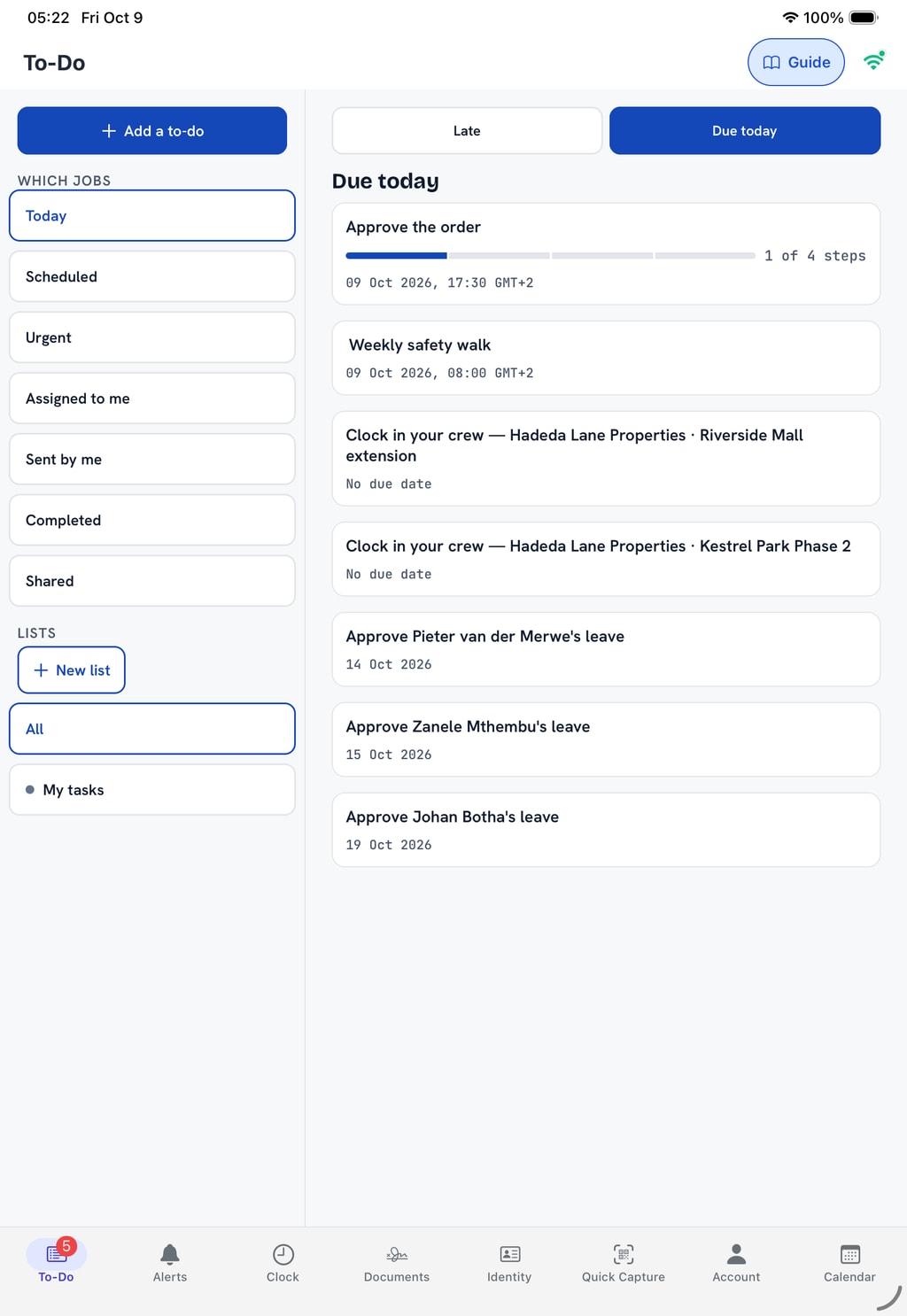 The PremHQ app’s To-Do on an iPad, with every module along the bottom.