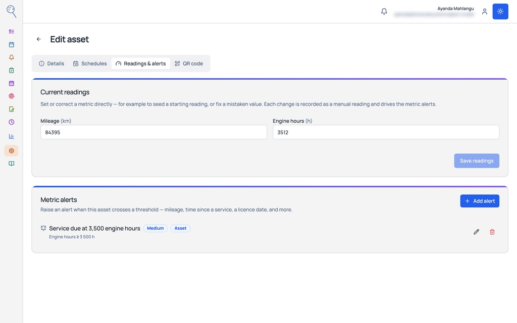 List what you track: make, registration, mileage, hours, anything.