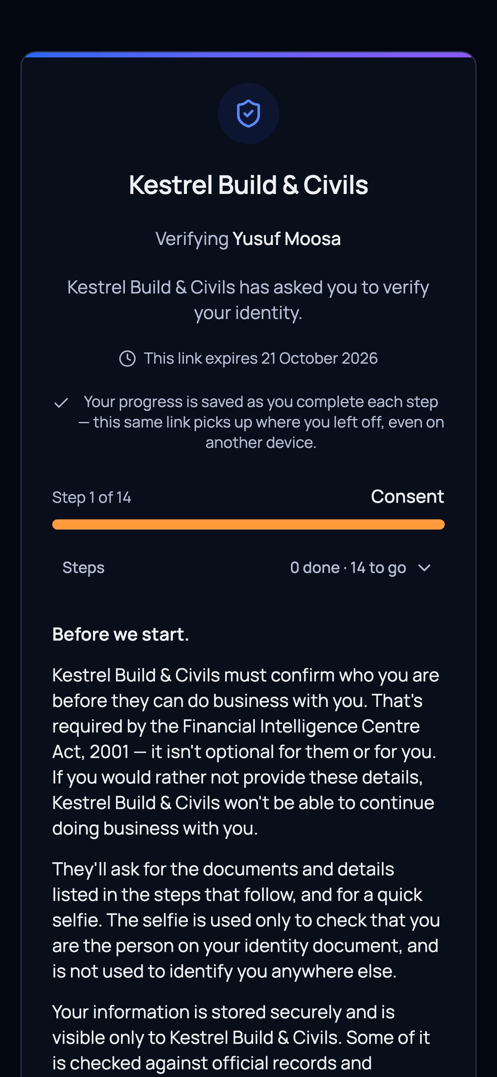 What the client sees on their phone: the Kestrel Build & Civils page for verifying Yusuf Moosa, at Step 1 of 14, Consent, with a note on why the company must confirm who he is.