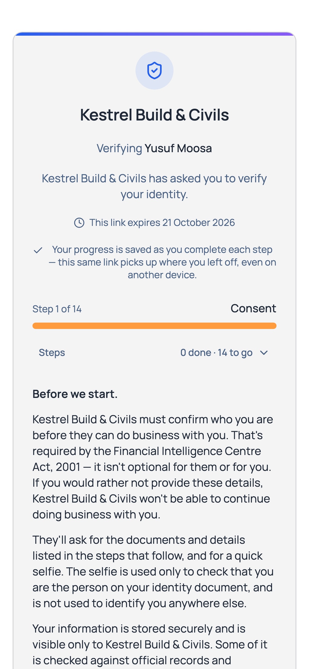What the client sees on their phone: the Kestrel Build & Civils page for verifying Yusuf Moosa, at Step 1 of 14, Consent, with a note on why the company must confirm who he is.