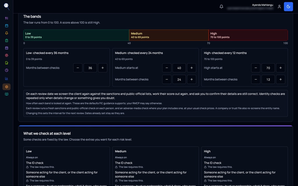 The risk screen: Low, Medium and High bands, how often each is checked again, and what is checked at each level.