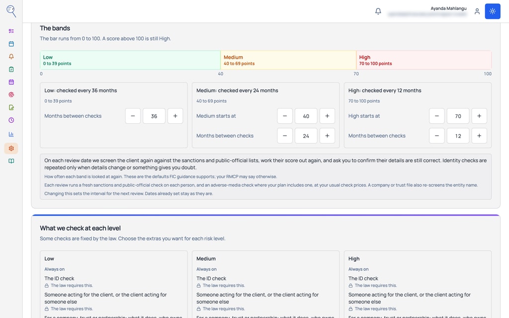The risk screen: Low, Medium and High bands, how often each is checked again, and what is checked at each level.