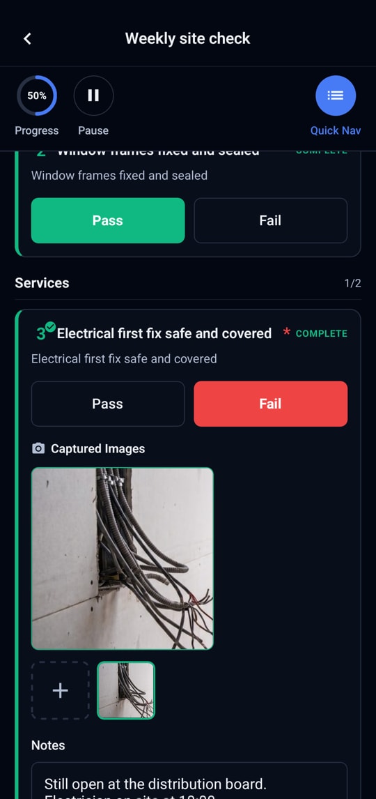 A weekly site check on the phone: one item passed, one failed with its photo.