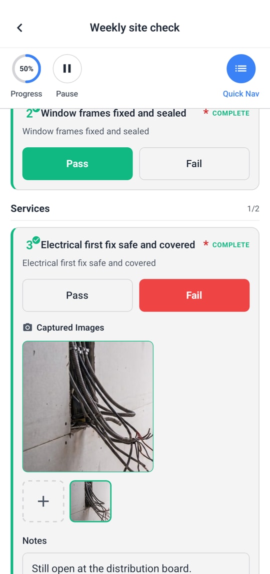A weekly site check on the phone: one item passed, one failed with its photo.