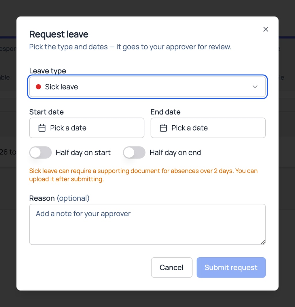A sick leave request asking for a sick note.