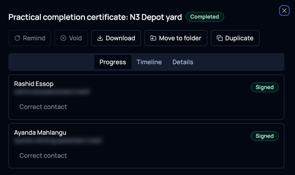A completed practical completion certificate: both signers marked Signed.