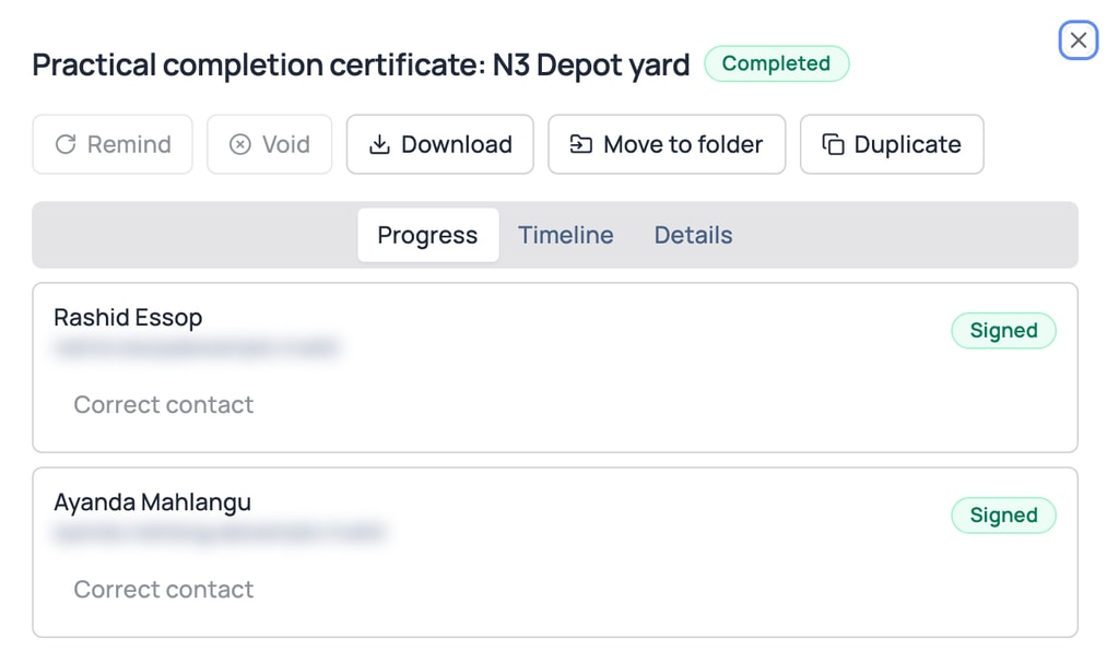 A completed practical completion certificate: both signers marked Signed.