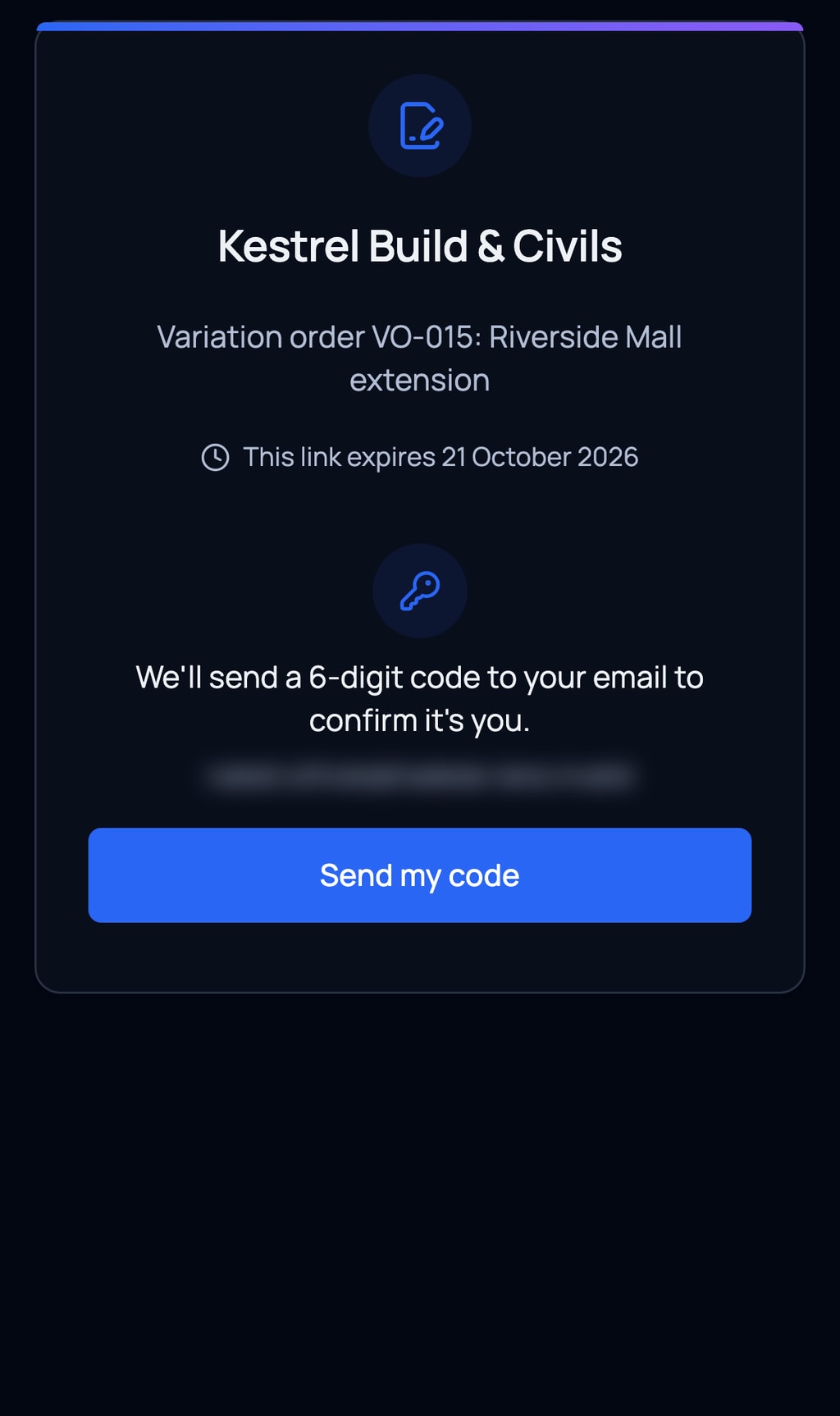 What the client sees on their phone: Kestrel Build and Civils, the variation order to sign, and a Send my code button.