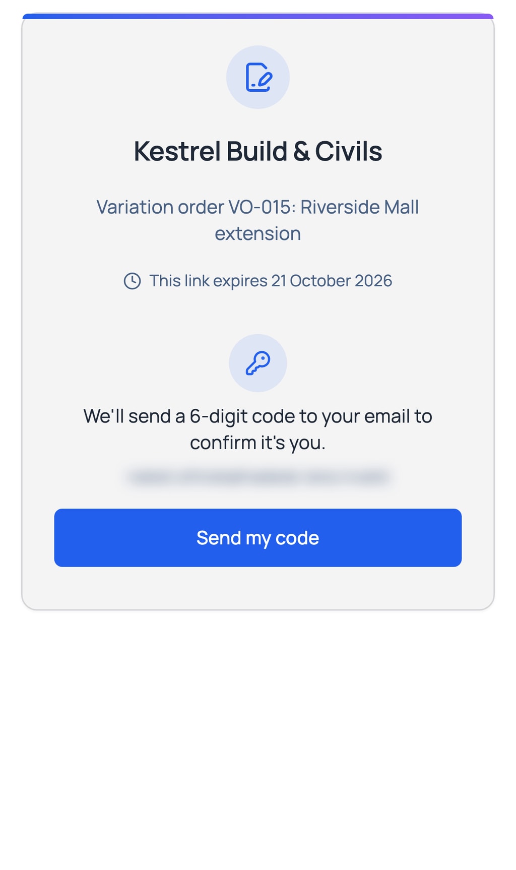 What the client sees on their phone: Kestrel Build and Civils, the variation order to sign, and a Send my code button.