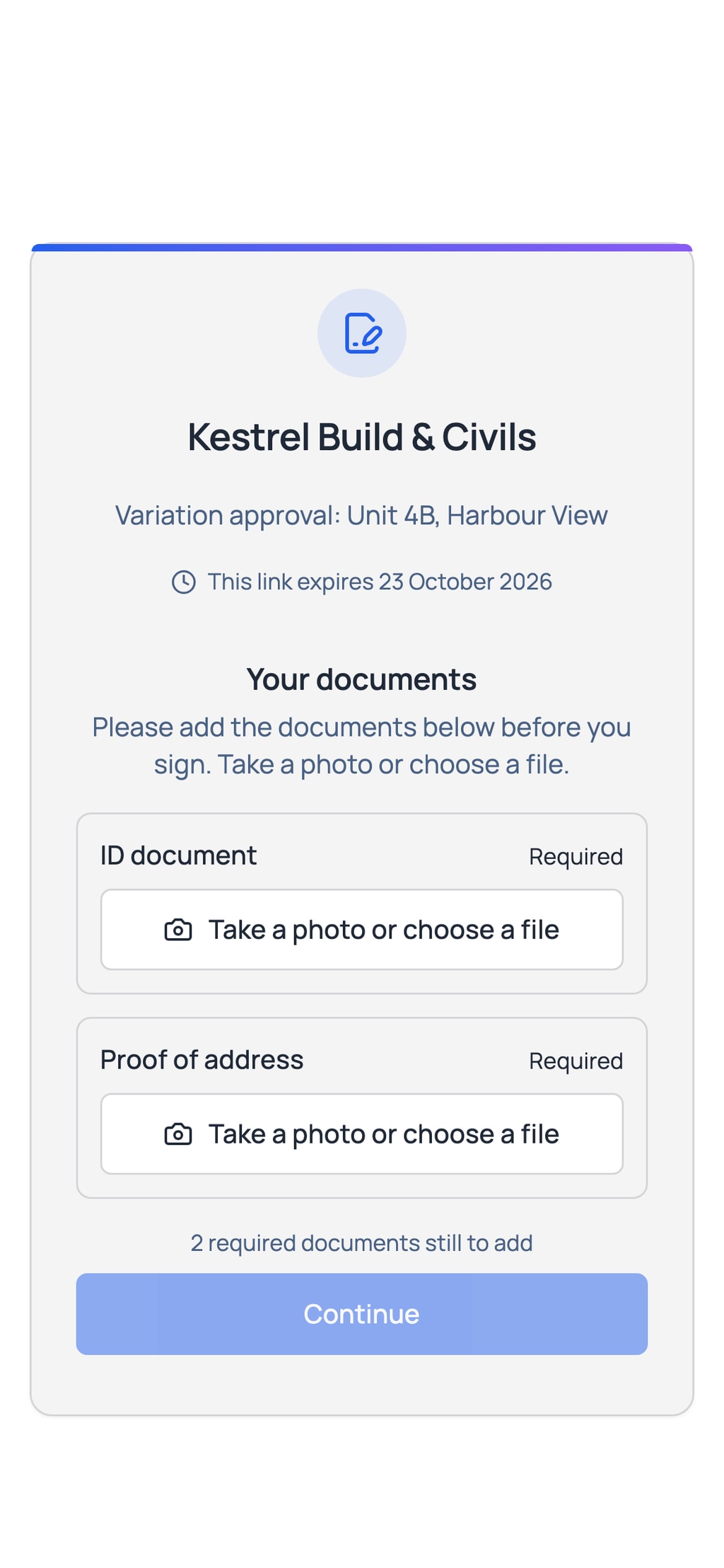 What your client sees: the documents you asked for, an ID document and proof of address, each marked Required, before they sign.