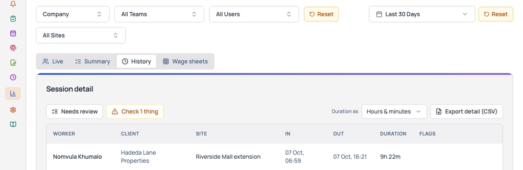 Time & Attendance history: filters by team, user and site, then each worker’s clock in, clock out and hours.