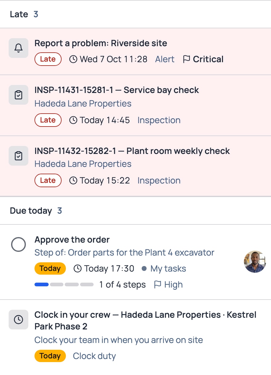 Work arrives on its own: alerts, plus inspections, clock duty and leave to approve when you have those modules.