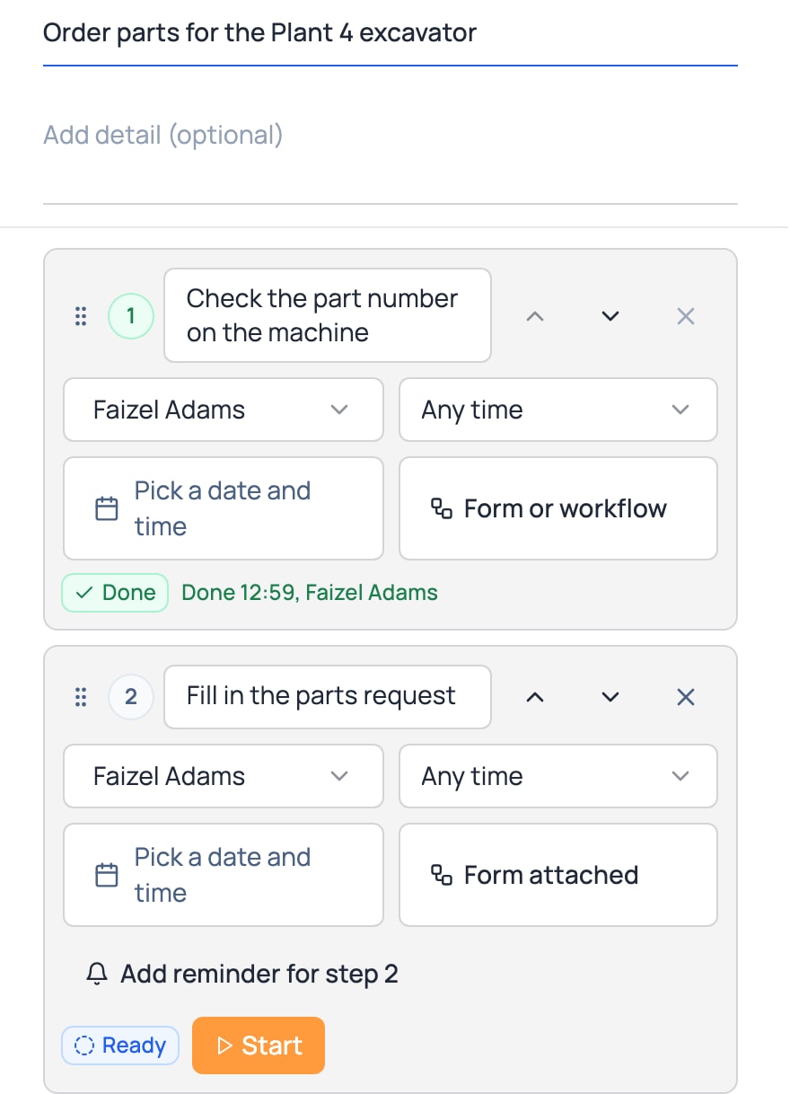 Open a job and do it right there, step by step. On a wide screen the list and the open job sit side by side. On a tablet the job opens over the list.