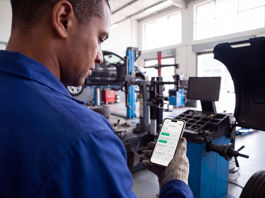 A technician at a tyre-fitment bay works through the service bay check on the PremHQ app.