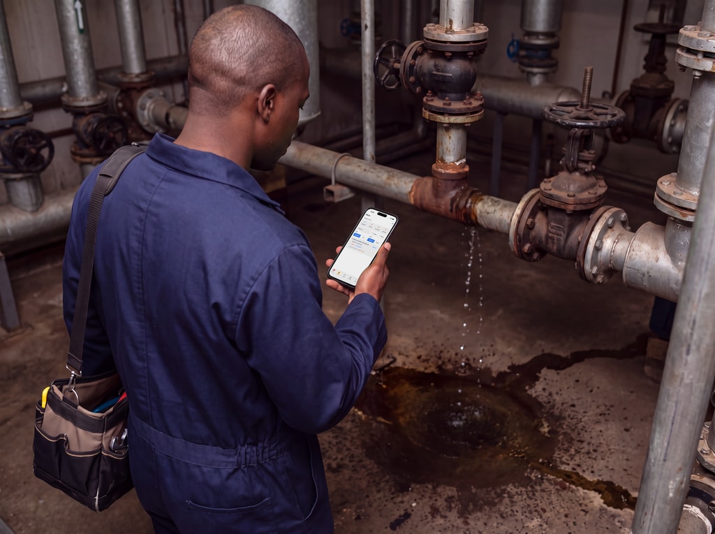 A maintenance technician sees an urgent alert about a leaking pipe on the PremHQ app.