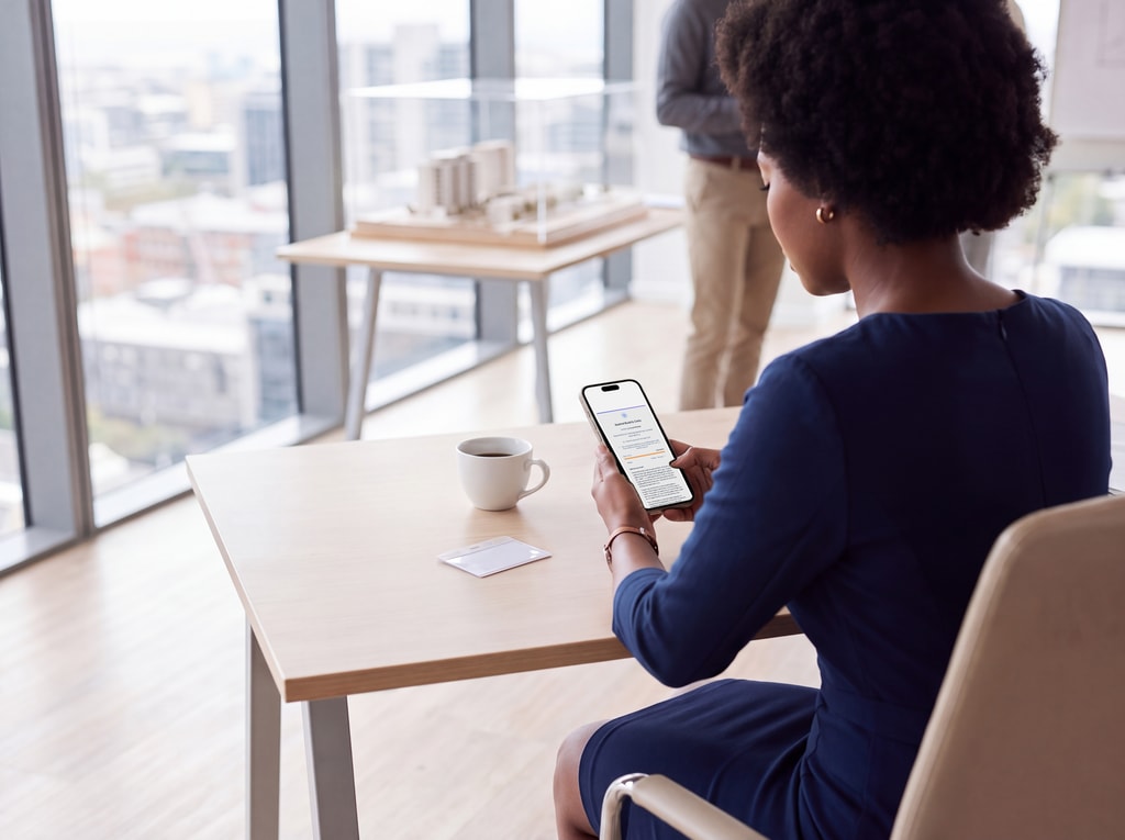 A client verifies their identity on their phone, from a secure link, in an agency office.