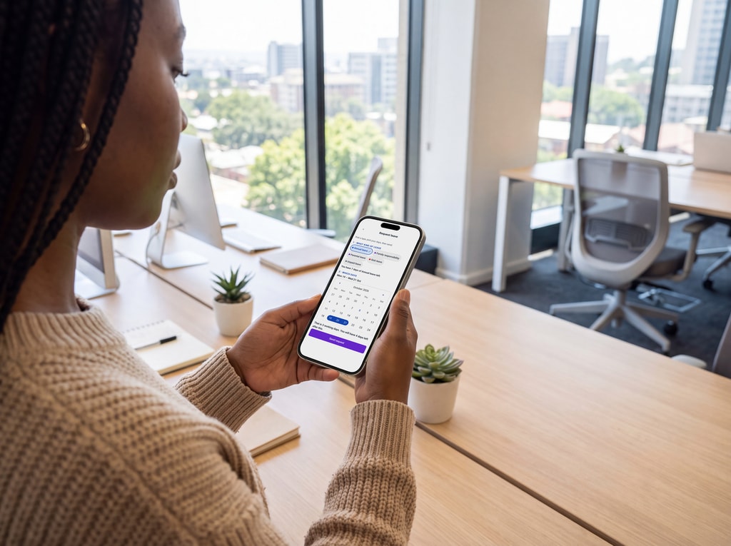 A staff member requests leave on her phone at her desk, choosing Annual leave and her days.