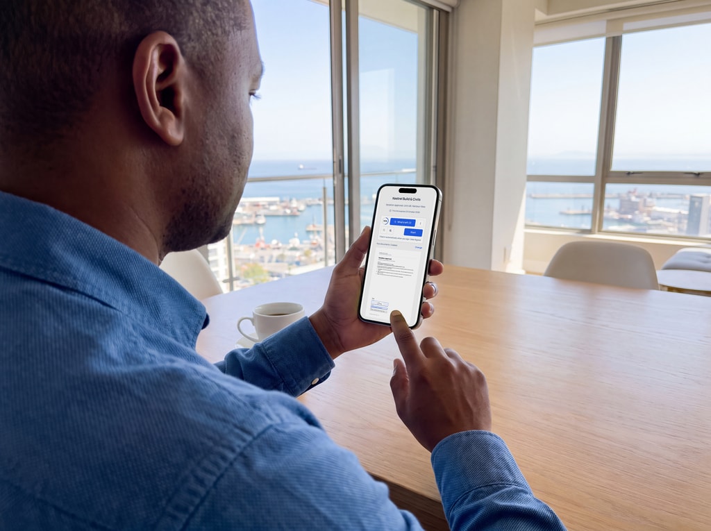 A homeowner signs a building variation on his phone at home, from a secure link.