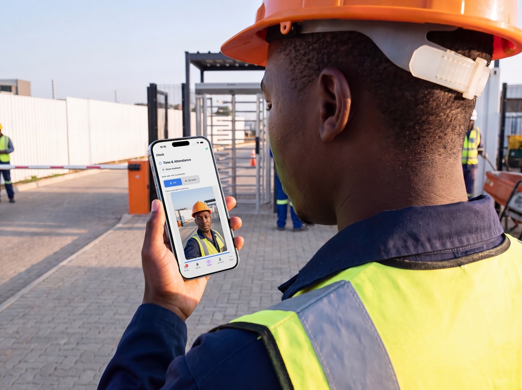A site worker at the gate clocks in with a face check on his phone.