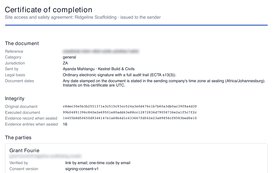 The certificate page added to the sealed document: the document, its legal basis, its integrity checks, and the first party with how they were verified.